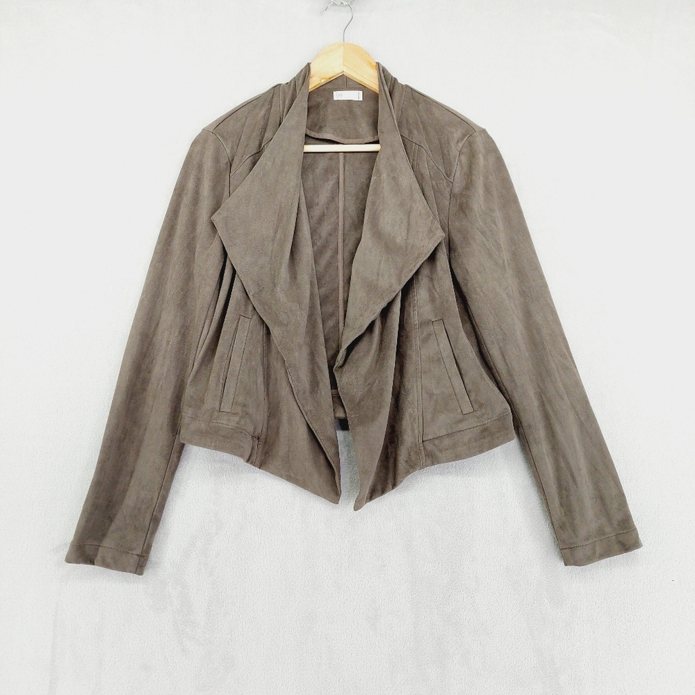 GF Women’s Taupe Faux Suede Waterfall Drape Jacket